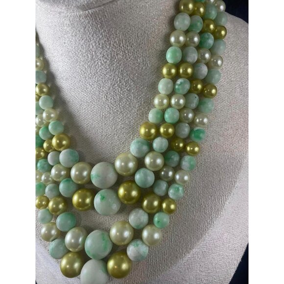 Vintage MCM 4 strands Beaded Necklace Multi-Strand Green Gold & Pearl-Like Beads - Picture 5 of 9